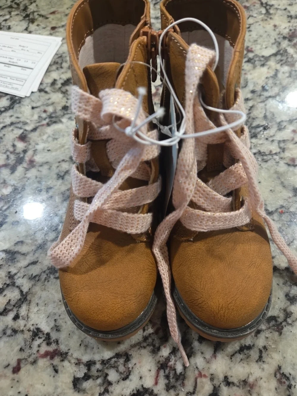 Cat & Jack Tan Girls' Ankle Boots with Light Pink Laces